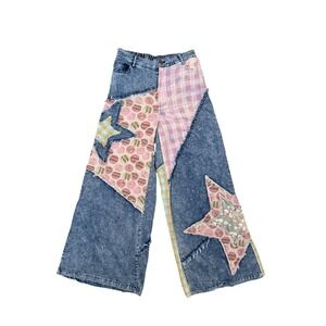 Blue Velvet Patchwork Star Acid Wash Wide Leg Jeans 100% Cotton Size S
